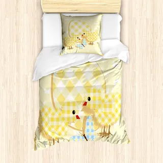 ABAKUHAUS Baby Mantele, Plaid Gemusterte Tiere, Milbensicher Allergiker geeignet mit Kissenbezügen, 135 cm x 200 cm - 80 x 80 cm, Blassgelb Hellblau - Hellblau