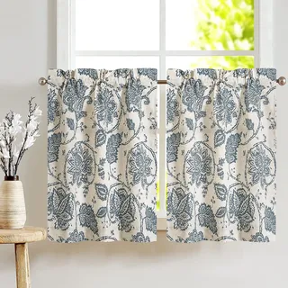TOPICK Scheibengardine Blumen Bistrogardine 2er Set H60xB65 Blau | Leinen Vorhang Bedruckt Bistrogardine Halb Transparent Gardine Schals Scheibengardinen Fensterschal Küche Wohnzimmer Landhaus