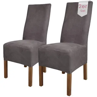 Scheffler Home Stuhlhussen Grau Velours 2er Set Leon – Waschbare elastische Stuhlbezüge für Esszimmerstühle, Hochlehner und Polsterstühle – Stretch Husse, Oeko-TEX Zertifiziert