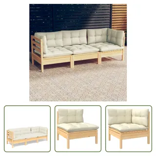 The Living Store 3-Sitzer-Gartensofa mit Creme Kissen Massivholz Kiefer - Creme