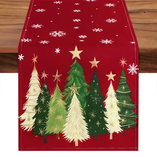 LOMOHOO Tischläufer Weihnachten Rot 30x180cm, Weihnachtsläufer Tisch Modern Mode Leinen mit Weihnachtsbäumen Schneeflocken Druck für Winter Saisonnal Weihnachten Urlaub Party Drinnen Tischdeko
