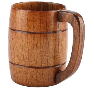 DEWIN Holzbecher, Bierkrug Holzbierkrug Naturholzbierkrug Retro Teewasser Klassischer Holzbecher mit Henkel 400ml