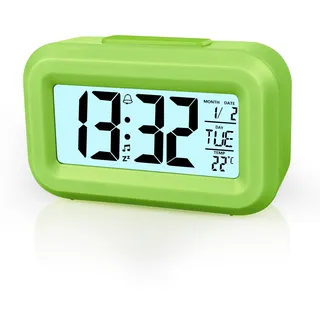 Vicloon Digital Wecker Nachttisch,LCD Display Tischuhr mit Snooze,12/24 Stunden,Datum,Temperaturanzeige,Timer-Funktion,Batteriebetrieben für Schlafzimmer Home Office Reisen(Grün)