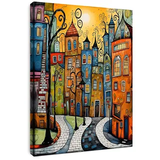 Alptiny Gerahmtes Wandbild 30×40 cm Bunte Stadtlandschaft Leinwandbild für Wohnzimmer Schlafzimmer Küche Büro Vintage Wandbild mit Haken Nägeln und magischer Klettbefestigung sofort aufhängbar