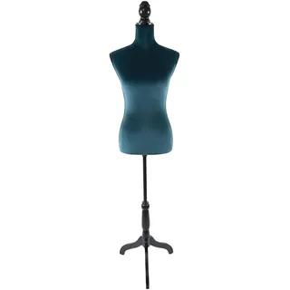 Relaxdays Schneiderpuppe, weiblich, Größe 36/38, verstellbar 130–167 cm, Samt, Holzständer, Nähpuppe, Petrol/schwarz