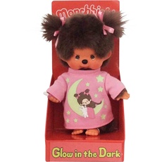 Bild 223732 - Original Monchhichi Mädchen, Plüschfigur mit rosa Schlafshirt, Glow in the Dark Elementen und Zöpfen mit Schleifen, ca. 20 cm großes Kuscheltier aus braunem Plüsch