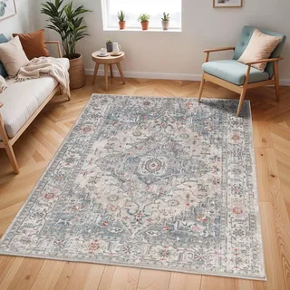 Livabliss London Vintage groß - Orientalischer Wohnzimmer 200x275 cm, Esszimmer, Schlafzimmer - Boho Kurzflor e für einfache Pflege - Grau und Blau