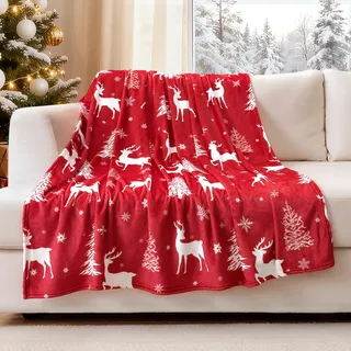 JOTOM Weihnachten Kuscheldecke, Flauschig Weihnachtsdecke 130x150cm, Warm Wohndecke Sofaüberwurf Decke für drinnen, draußen Couchdecke Sofadecke Weihnachtsdeko (Weihnachtsbaum Hirsch Rot)