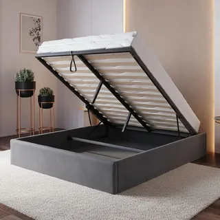 Home Collective Polsterbett, 120x200/140x200/160x200 Stauraumbett, Schlafzimmerbett, Bett mit Stauraum Lattenrost Metallrahmen Samtpolsterung Doppelbett platzsparend ohne Kopfteil 140x200 cm | Graphit - Dunkelgrau