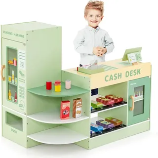 COSTWAY Kinder Kaufladen, Supermarkt-Set mit Kasse, POS-Maschine, Kaufmannsladen aus Holz, für Kinder von 3-8 Jahren (Grün)