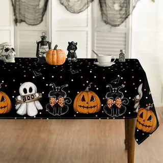 Artoid Mode Tupfen Kürbisse Geist Katze Halloween 140x200 cm Tischdecke | Saisonal Boo Fleckschutz Tischwäsche Küche Party Dekor