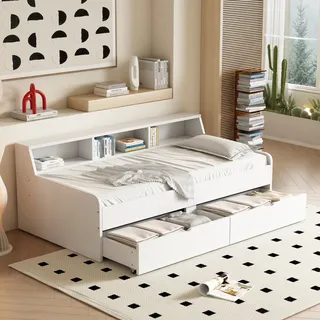 Massivholzbett mit Lattenrost, Schubladen und Regal (90x200 cm), Einzelbett, Jugendbett, Kiefer - Weiß