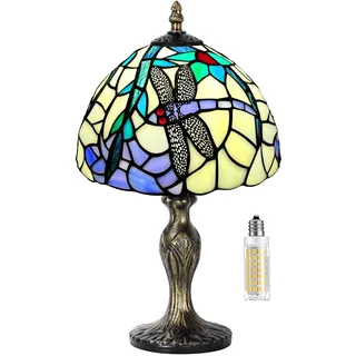 MIAOKE Stained Glass Lamp Style Tischlampe, VintageTischlampe Handcraft Glasmalerei Lampenschirm Tischlampen für Schlafzimmer Nachttischlampe Arbeitszimmer Office(Blume Libelle)