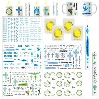 SelfTek Kerzentattoos Kommunion, 5 Stück 29 x 19 cm Kerzen Tattoo und 4 Stück Windlicht Fisch Tischdeko, Geschenk für Jungen und Mädchen
