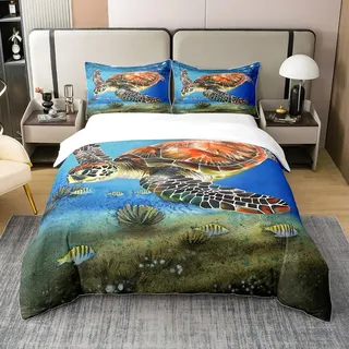 100% Bio Baumwolle 3D Schildkröte Bettwäsche Set 135x200,Seeschildkröte Bettbezug,Teal Meer Hawaiian Schildkröte Muster Tröster Abdeckung für Teens,Reptil Ozean Strand Thema Bettwäsche Abdeckung,Blau