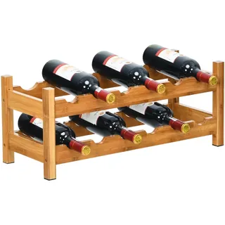 FANTASK 2 Ebenen Weinregal, Flaschenregal aus Bambus für 12 Flaschen, Flaschenständer für Keller, Küche, Bar, Esszimmer, Flaschenhalter Holz, 62 x 24 x 25 cm (Natur)