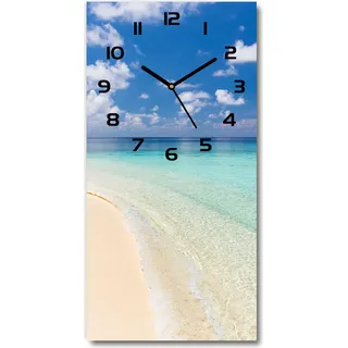 Wanduhr aus Glas – 30x60 cm - Glasbild - Glasuhr - Gehärtetes Glas -Malediven Strand - Blau
