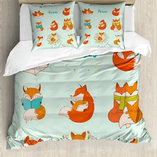 ABAKUHAUS Fuchs Bettbezug Set, Reizende Fox-Charaktere, die romantisches Paar-Natur-Sammlungs-Kind-Comic lesen, 155 x 220 cm + 80 x 80 cm, Mehrfarbig