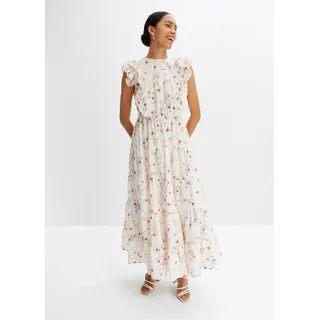 Maxikleid BONPRIX, Damen, Gr. 44, N-Gr, beige (naturbeige, zartflieder geblümt), Obermaterial: 100% Baumwolle. Futter: 100% Baumwolle, ausgestellt, Kleider Maxikleid, aus reiner Baumwolle, ausgestellte Passform, ärmellos, mit Volants