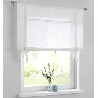 Vicky weißes Raffrollo Raffgardine Leinenoptik mit Hohlsaum-Spitze, Tunnelzug, Landhaus-Gardine Küche, Bindegardine, Breite 60 cm x Höhe 100 cm