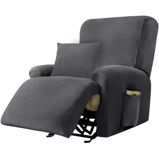 Alishomtll Stretchhusse für Relaxsessel, 4-Teilig Samt Sesselschoner, Stretch Waschbar Sesselbezug Elastisch Bezüge für Fernsehsessel, Sesselüberzug mit 1 Kissenbezug und 2 Taschen (1 Sitzer Grau)