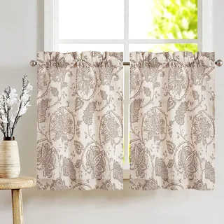 TOPICK Scheibengardine Leinen Vorhang Blumen Bedruckt Bistrogardine Halb Transparent Gardine Schals Scheibengardinen Fensterschal für Küche Wohnzimmer Landhaus 2er-Set 65B x 60H (cm) Braun auf Beige
