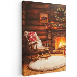 MuchoWow Leinwandbild Winter - Weihnachten - Zuhause - Kamin Wanddeko Schlafzimmer 60x90 cm , Bernsteinfarben , Textil , Kiefer , Abstrakt , Rechteckig , 60x90 cm , FSC 100% , gerahmt , Bilder & Rahmen, Bilder, Leinwandbilder