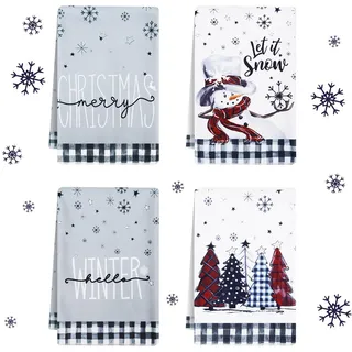 Fantasyon 4er Set Geschirrtücher Weihnachten, 40x60 cm Weihnachtsdeko Innen Geschirrtücher Küchentücher Baumwolle Büffelkaro Schneemann Bäume Weihnachtsdeko Innen Tisch, Schwarz-Weiß
