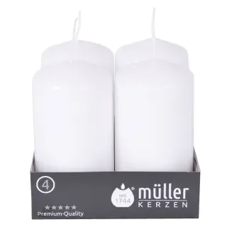 Müller Kerzen Stumpenkerze, weiß, Hochwertige Stumpenkerze mit gleichmäßigem Abbrand, 1 Packung = 4 Stück, (Ø x H): 48 x 90 mm