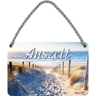 WOGEKA ART Retro Blechschild - Auszeit - Meer Strand Dünen Ostsee - witziger Spruch Geschenk-Idee Geburtstag Weihnachten Deko 18x12 cm Vintage-Design Hänge-Schild Metall HS337