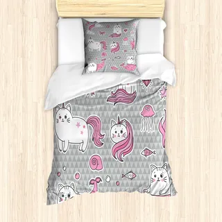 ABAKUHAUS Einhorn-Katze Mantele, Mermaid Cat, Milbensicher Allergiker geeignet mit Kissenbezügen, 135 cm x 200 cm - 80 x 80 cm, Grau Pale Pink Weiß - Grau