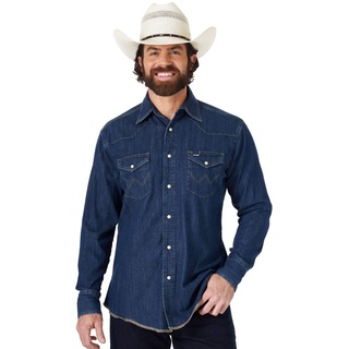 Wrangler Herren Westernhemd mit Cowboy-Schnitt, langärmelig, mit Druckknöpfen, verwaschenes Finish Hemd, Dunkles Denim, Mittel