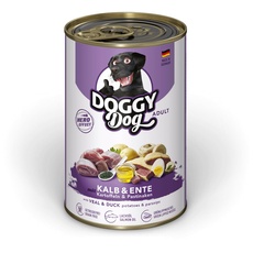 DOGGY Dog Paté Kalb & Ente, 6 x 400 g, Nassfutter für Hunde, getreidefreies Hundefutter mit Lachsöl und Grünlippmuschel, Alleinfuttermittel mit Kartoffeln und Pastinake, Made in Germany