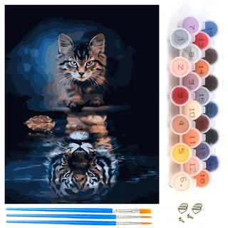 Komicea Malen Nach Zahlen Erwachsene Kinder Anfänger, ab 7 8 9 10 Jahre Mädchen Kit mit Pinsels und Farbe, als Geburtstag Geschenk für Home Deko (Tiere Katze Tiger, 40x50cm)