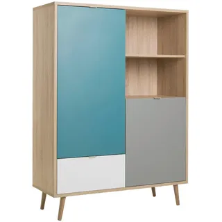 Mid.you Highboard , Grau, Weiß, Eichefarben, Petrol , Holzwerkstoff , 3 Fächer , 3 Schubladen , 103x139x40 cm , Kleinmöbel, Kommoden, Highboards