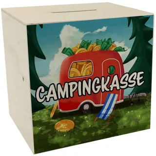 Spardose aus Holz mit Camper Motiv und Text - Wohnwagen im Wald Campingkasse für Camper und für die nächste Reise eine lustige Geschenkidee für Menschen die gerne mit dem