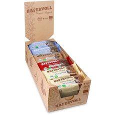 HAFERVOLL neue Organic Mixbox, 4 Flapjack-Sorten mit einer veganen Sorte, 18 x 60g Bio-Müsliriegel, Bio-zertifiziert, Almond & Raisin, Poppy Seed & Apricot, Sweet & Salty Almond, Cranberry & Cacoa Nib