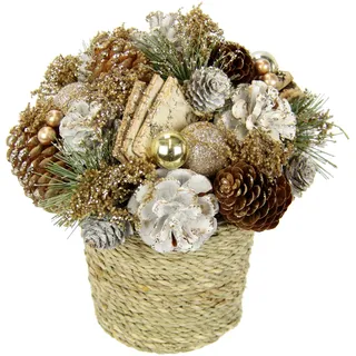 I.GE.A. Kunstpflanze "Natur-Gesteck Zapfen" Im Topf mit Christbaumkugeln Tanne Gesteck Weihnachtsdeko Tischdeko, gold