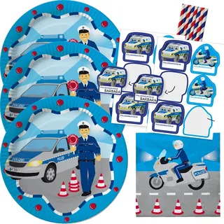48-teiliges Party-Set - Polizei - Teller Namensaufkleber Servietten Trinkhalme für 8 Kinder