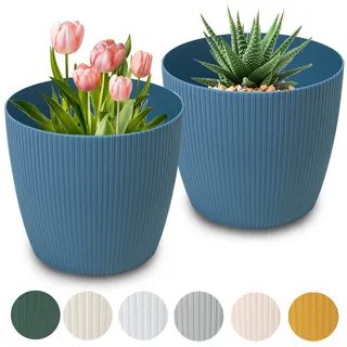 PECZEKO Matte Blumentöpfe - Deko Pflanztopf für Blumen & Kräuter - Langlebige & leichte runde Kunststoff-Pflanzentöpfe für Wohn- & Esszimmer, Küche, Terrasse, Balkon - 2er-Set - (Blau, ø 16 cm)