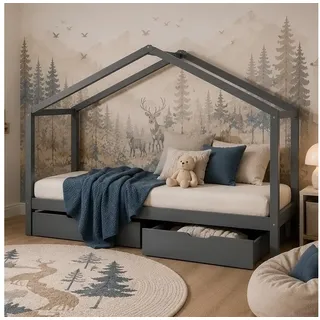 Homestyle4u Hausbett 90 x 200 cm Kiefer massiv grau