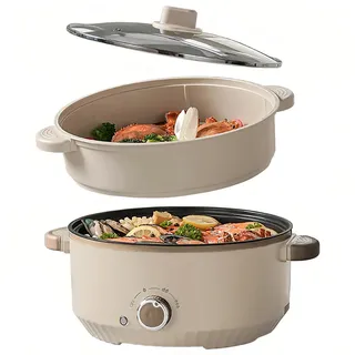 Hot Pot Elektrisch mit Dampfgarer, 4.6 L Tragbar Elektrischer Kochtopf 1000W, Multifunktionaler Hotpot 3 Stufen für Braten Ramen Fondue Suppe, Elektropfanne für Wohnheim/Camping/Haus