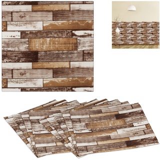 Relaxdays Wandpaneele, 10er Set, selbstklebend, zuschneidbar, 3D Paneele, Wandverkleidung Holzoptik, PE, 70x70 cm, braun