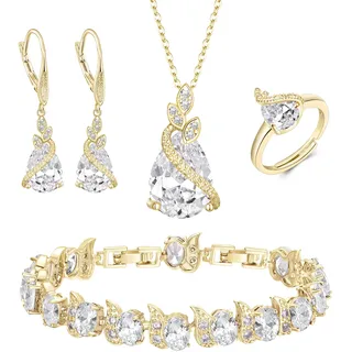 Clearine Teardrop Zirkonia Schmuck-Set für Outfit Halskette, Leverback Ohrringe Tennis Armband und einstellbare Ring Set Geschenk für Geburtstag/Valentinstag/Weihnachten Klar Gold-Ton