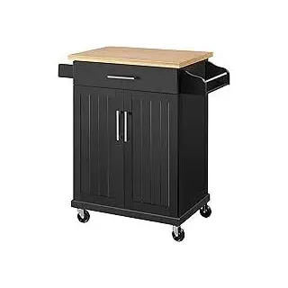 Bewegliche Kücheninseln Küchenwagen auf Rollen, Servierwagen mit Schublade und 3 Schrank, Arbeitsplatte aus Holz, Rollwagen 66 × 45,5 × 91,5 cm, Küchentrolley im Landhausstil, Schwarz