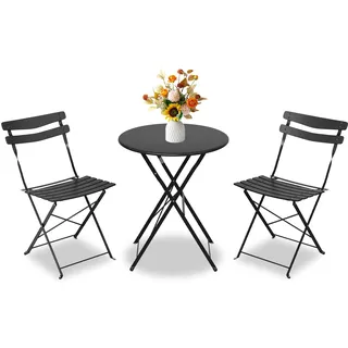 Bistroset 3-Teilig Mit Bistrotisch&2 Klappbaren Stühlen, Gartenmöbel Set | Outdoor Bistro Set, Gartentisch/Balkonset Aus Klapptisch&2xKlappstühlen, Gartenset/Sitzgruppe Metall Für Garten-Schwarz