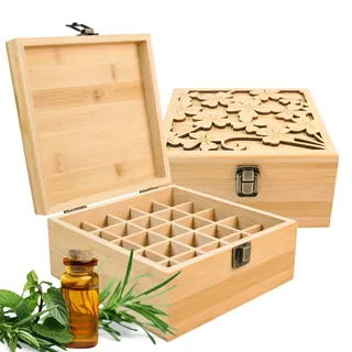 RoseFlower Bambus Ätherisches Öl Organisator Behälter Duftöle Display Ständer, 25 Löcher Aufbewahrungsboxen Raumdüftezubehör Koffer für Nagellack, Duftöle, Kosmetik, Duftöldiffusoren und Lippenstift