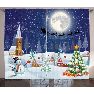 ABAKUHAUS Weihnachten Rustikaler Gardine, Winterlandschaft, Schlafzimmer Kräuselband Vorhang mit Schlaufen und Haken, 280 x 245 cm, Weiß Blau
