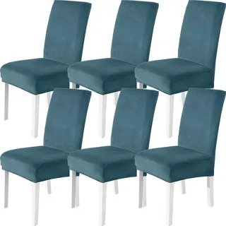 Stuhlhussen Samt 6er Set Pfau Blau Stretch Waschbar für Schwingstuhl Hochlehner