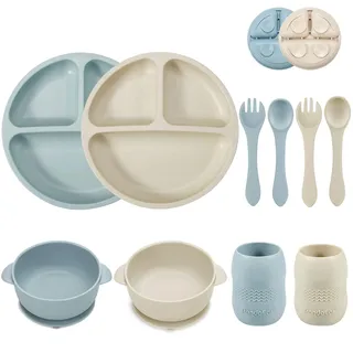 PandaEar Silikon Baby Geschirrset mit Saugnapf, 2 Unterteilt Kinderteller + 2 Saugnäpfe Baby Breischale + 2 Baby Trinkbecher mit 2 Babylöffel 2 Gabel, Kindergeschirr Set, Baby Essen Set Zubehör